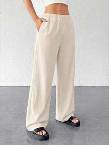 SHEIN PETITE Pantalones anchos sueltos de textura simple para mujer - Albaricoque - Ver 6