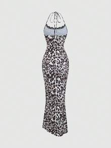 Sweetra 女款修身掛脖魚尾長洋裝，黑色長裙套裝 - 卡其色 - 查看 2