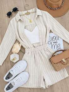 SHEIN Franclia Women's Striped Button-Up Shirt With Collar And Long Pants 2 Pieces Set - Apricot - View 1