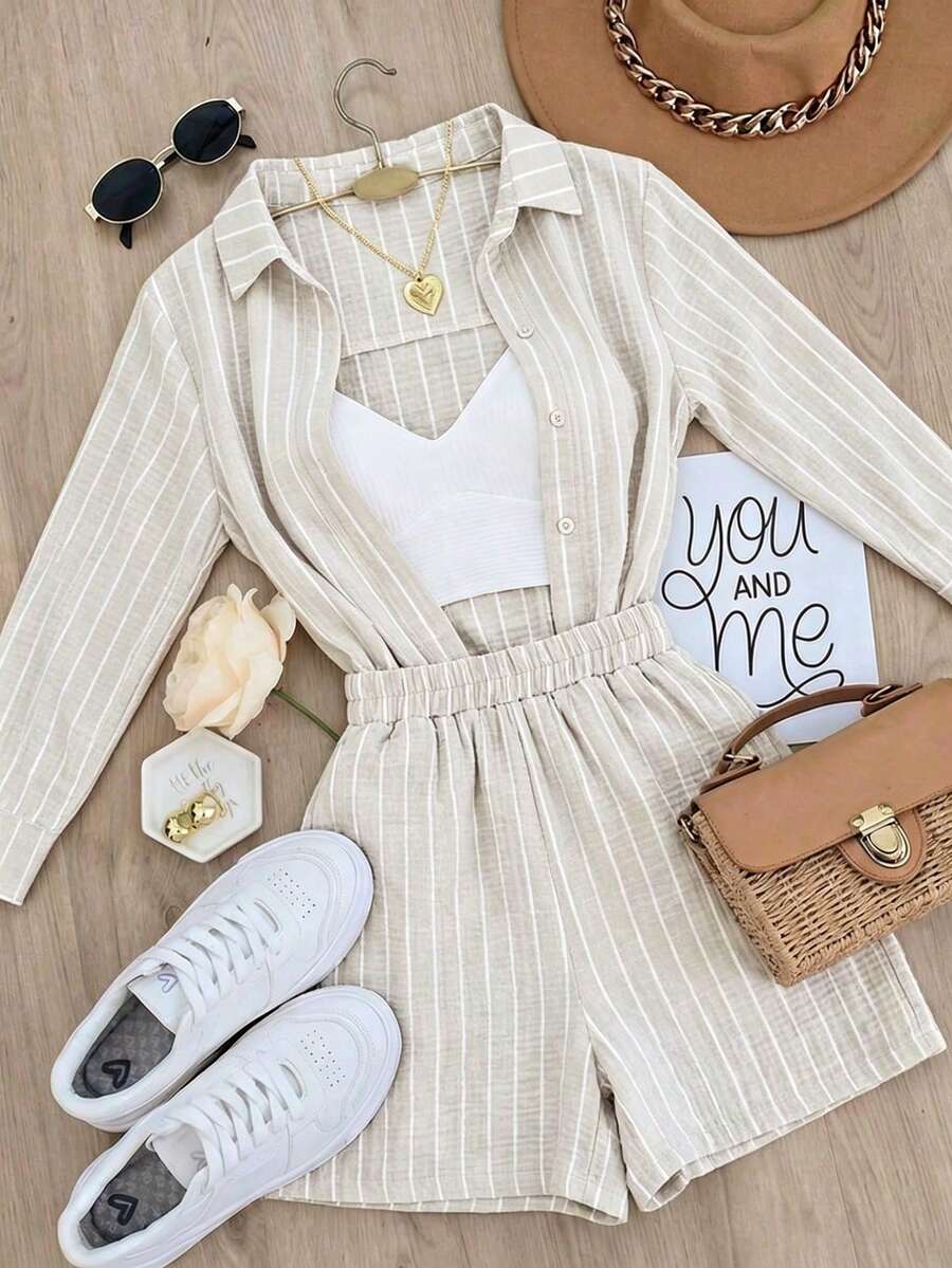 SHEIN Franclia Women's Striped Button-Up Shirt With Collar And Long Pants 2 Pieces Set - Apricot - View 1