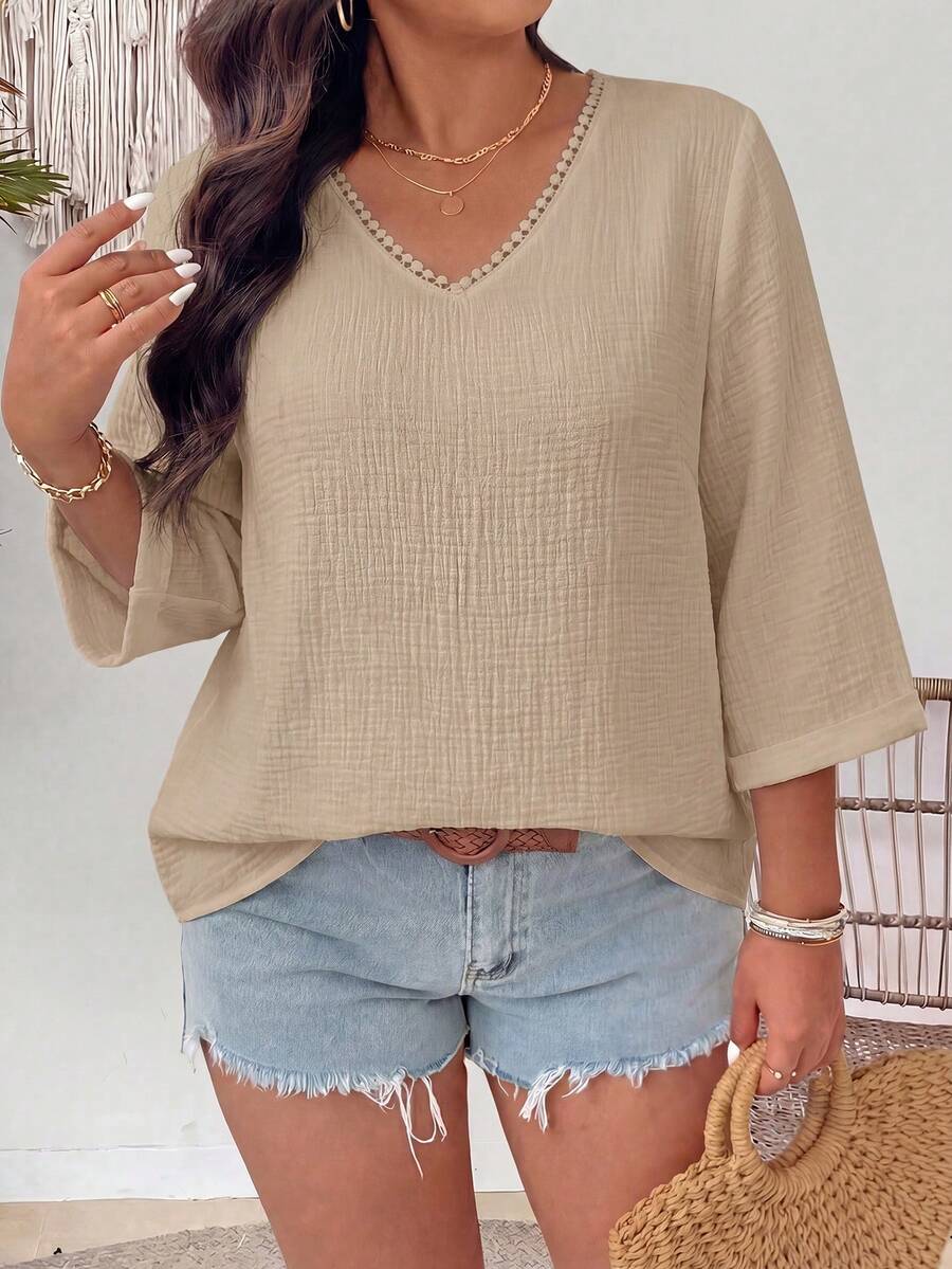 GlowEve CURVE Plus Size Versatile Linen Textured V-Neck Floral Blouse - Khaki - View 1