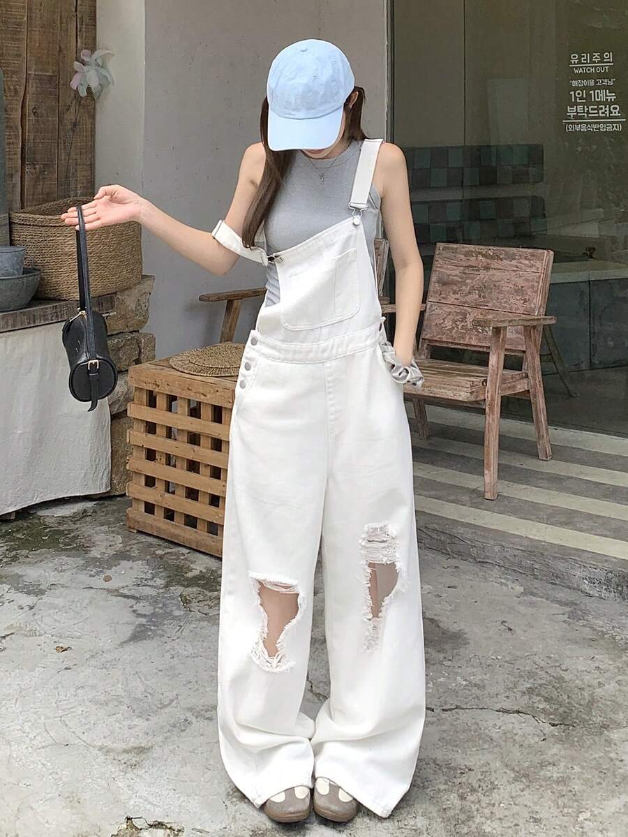 DAZY Women's Distressed Casual Overalls Wide Leg Denim Jeans - White - View 1