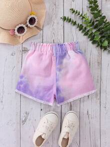 SHEIN 女童牛仔短褲 夏季新品 休閒牛仔女孩風 可愛風格 毛邊設計 抽繩腰頭 鬆緊腰 大口袋 寬鬆版型 精梳棉 - 紫色 - 查看 3