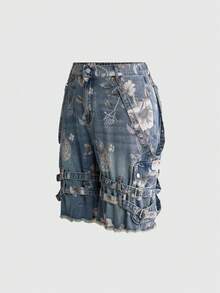 ROMWE Grunge Punk Plus Size Floral Print Denim Shorts - Blue - View 5