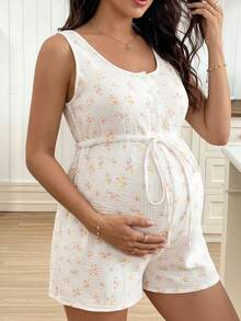 SHEIN Nursing Romper With Wide Strap, Front Half-Opening With Front Buttons, Waist Drawstring Bow Tie, Straight Leg, All Cotton Printed Nursing - Apricot - View 9