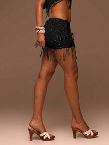 Musera Resort Sequin Fray Detail Co-Ord Mini Skirt Cover Up Summer Swim Beach Vacation Everyday Sexy Cute Boho - Black - View 4