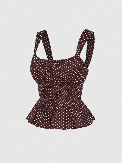 Sweetra Plus Size Women's Sleeveless Cami Tank Top, Vintage Polka Dot Square Neck, Drawstring Waist, Ruffle Hem, Cropped Fitted Slimming, Retro Brown Polka Dot Wide Shoulder Straps, Ruched Decor, Versatile Summer Sleeveless Cami Top