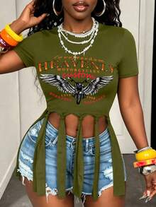 BamGleam Camiseta corta con estampado de letras de motocicleta y dobladillo con flecos con alas - Verde - Ver 3
