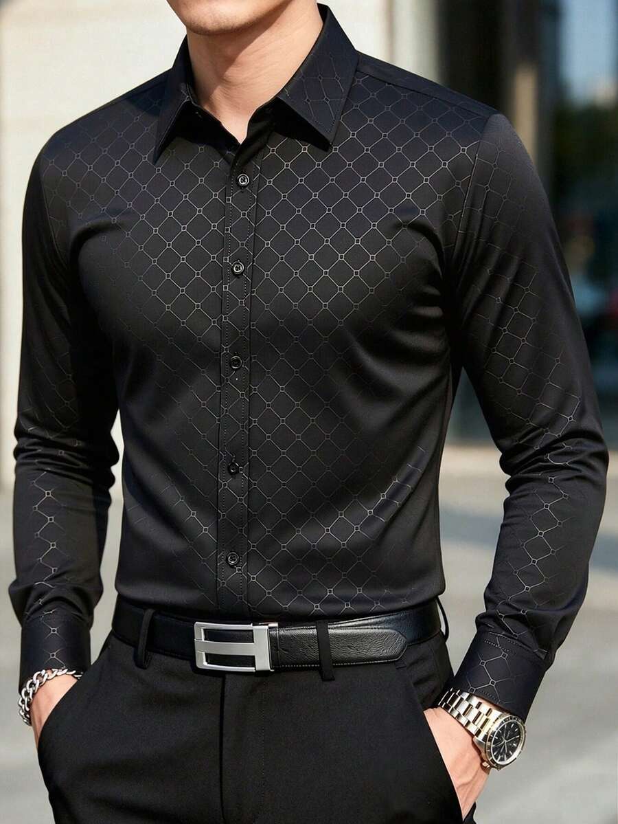 Manfinity Mode Men's Black Autumn Business Casual Smart Office Shirt,Winter Long Sleeve Button Up Formal Shirt For Date Evening Wedding,Old Money