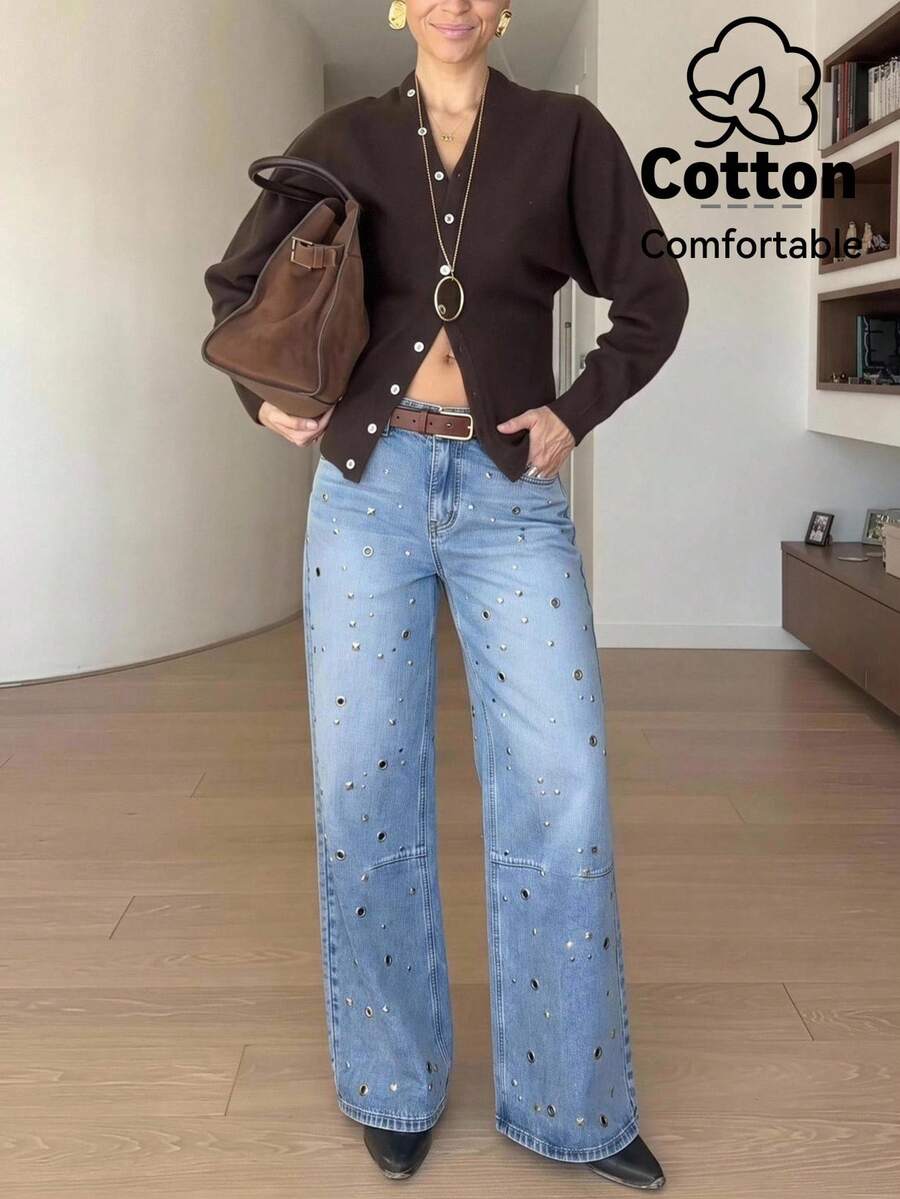 Lumalex Cotten Blend Blue High Waist Wide Leg Jeans With Rhinestone Studs Metal Grommets Front Seams With Back Pockets Perfect For Everyday Wear Commute