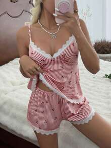 CottageSlumber Women's Romantic Cherry Pattern Lace Decor Pajama Set - Red - View 4