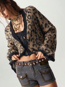Bohemela Women's Leopard Print Lace Patchwork Button Cardigan - Multicolor - View 4