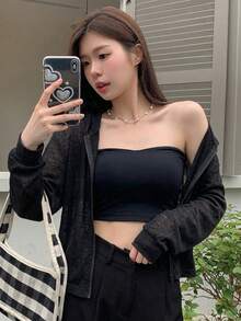 DAZY 女款素色拉鍊休閒百搭日常旅行長袖夾克 - 黑色 - 查看 1