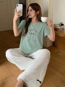 DAZY Women's 2-Piece Summer Pajama Set, Loose Short Sleeve T-Shirt With Bow Pattern And Polka Dot Straight Leg Long Pants - Green - View 3