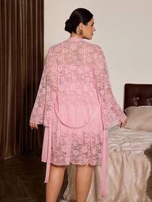 Slumberist Plus Size Women's Light Pink Lace Patchwork Shiny Satin Nightgown Mid-Length Robe 2-Piece Set With Waist Tie, Loungewear Night Autumn - Pink - View 2