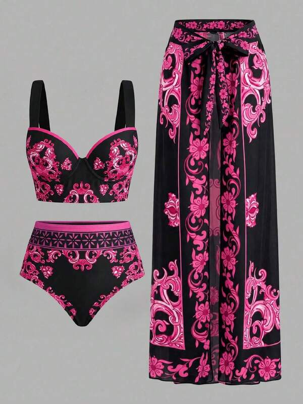 Swim Oasis Set bikini de vară pentru vacanță la plajă, cu imprimeu floral, pentru femei, 3 piese, cu fustă acoperitoare cu legătură în față