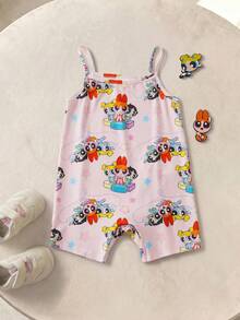 THE POWERPUFF GIRLS X SHEIN 女嬰卡通印花休閒日常居家細肩帶連身褲 - 粉色 - 查看 1