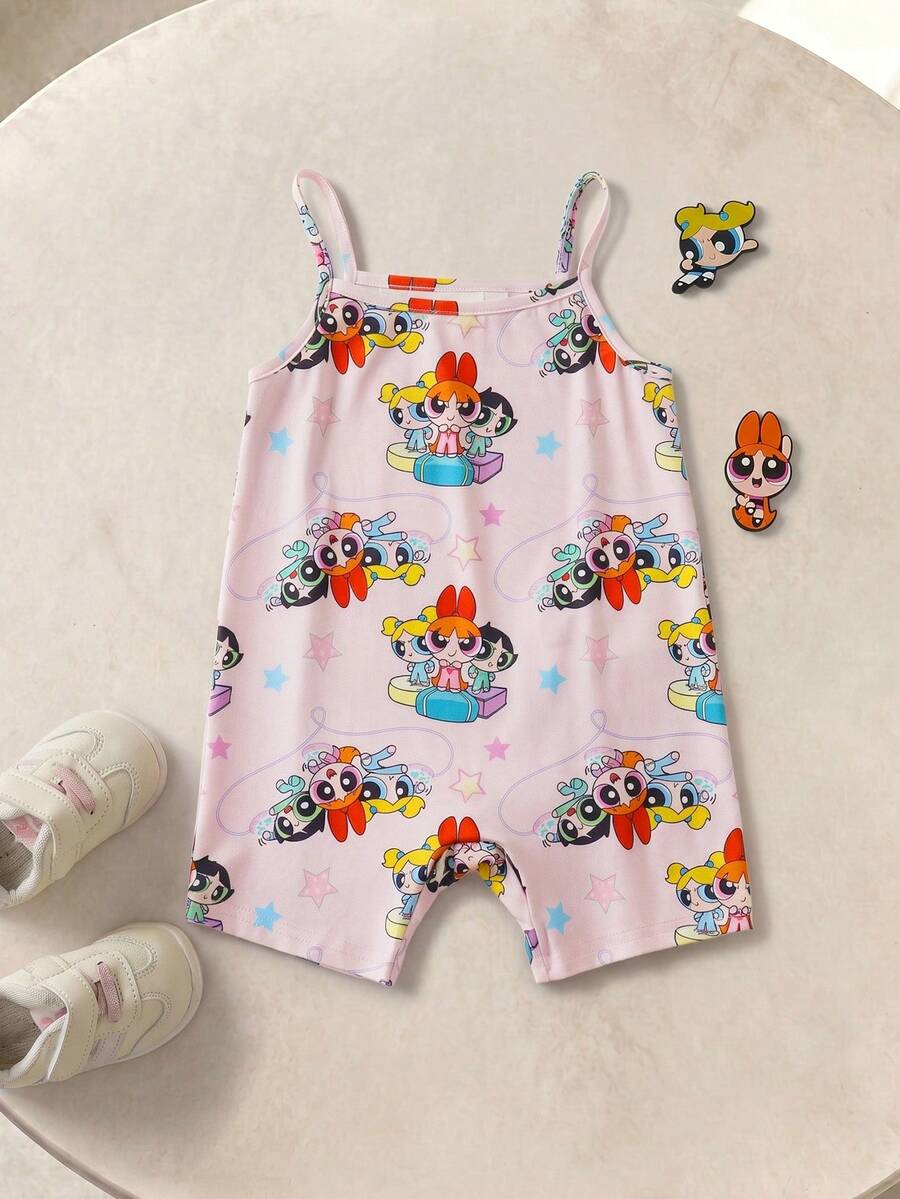 THE POWERPUFF GIRLS X SHEIN 女嬰卡通印花休閒日常居家細肩帶連身褲 - 粉色 - 查看 1