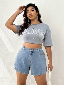 Elaquor Shorts de mezclilla de cintura alta para tallas grandes, shorts estilo mamá - Lavado ligero - Ver 6