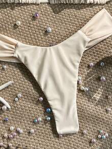 Swim Mod 2-Piece Set Spring/Summer Vacation Solid Color Woven Pearl Shell Decor Triangle Cup Bra And Side-Tie Ruched Bikini Bottom Sexy Women's Swimwear Set - Apricot - View 7