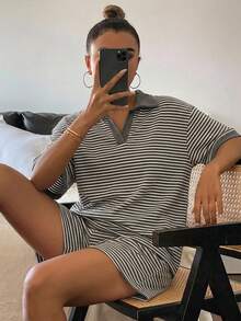 Livesso 條紋半鈕扣前襟短袖領口上衣與短款睡褲2件組，夏季女款居家休閒套裝 - 深灰色 - 查看 3