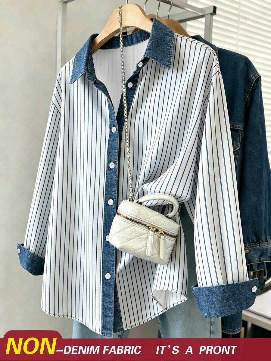Franclia Women's Summer Striped Patchwork Retro Print Shirt - Multicolor - View 1