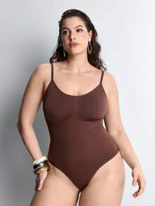 Slumbrini 1pc Women Plus Size Seamless Butt Lifting Bodysuit, Shapewear Thong, Summer - Brown - View 3