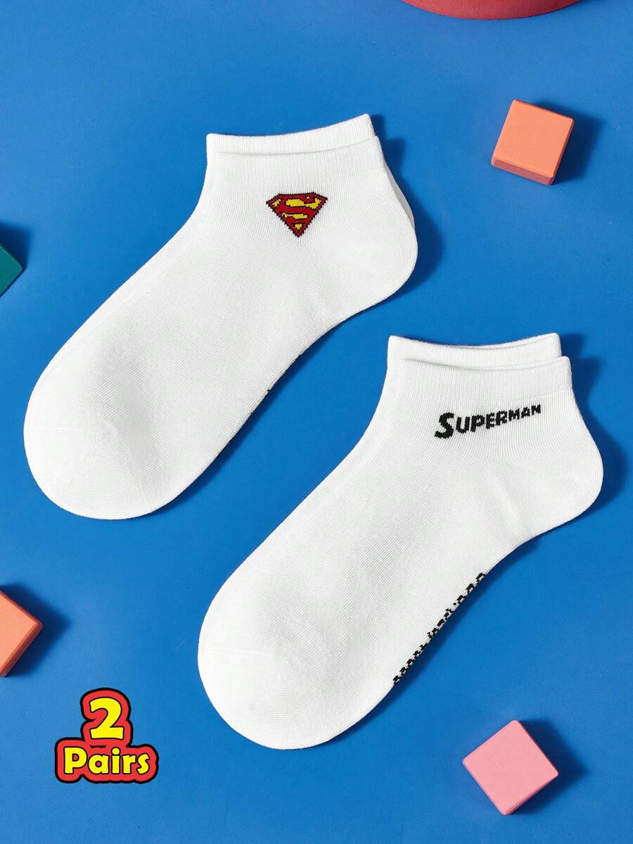 SUPERMAN X SHEIN 2雙中性透氣柔軟女款襪子 - 白色 - 查看 1