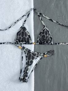 SHEIN Swim Elegantes sexy Damen-Bikini-Set im Y2K-Stil mit Leopardenmuster – Pailletten-Halterneck-Triangel-Top mit grauer Muschel-Details und hochgeschnittenem Tanga-Höschen für Party, Strand und Sommer - Grau - Übersicht 3