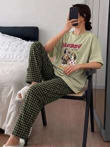 DAZY Cute Puppy Graphic Loose Short Sleeve T-Shirt And Plaid Straight Leg Long Pajama Pants 2-Piece Set, Summer Outfit Women's Sleepwear - Green - View 4