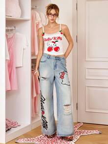 HELLO KITTY AND FRIENDS | SHEIN Celana Jeans Wanita Model Lebar dengan Motif Huruf dan Saku, Model Sobek - Biru - View 7