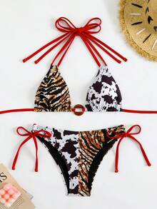 Bonvoyette Women's Tiger & Cow Print Random Pattern Summer Sexy V-Neck Halter Tie Strap Double Shoulder Strap Top & Side Tie Triangle Bikini Set - Multicolor - View 2