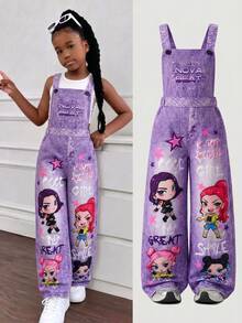 TWEEN Girls Fall Clothes Autumn Purple Acid Wash Cartoon K-Pop Girl Graphic Print Pocket Wide Leg Denim Look Overalls Casual Streetwear Jumpsuit Fa... - Purple - View 10
