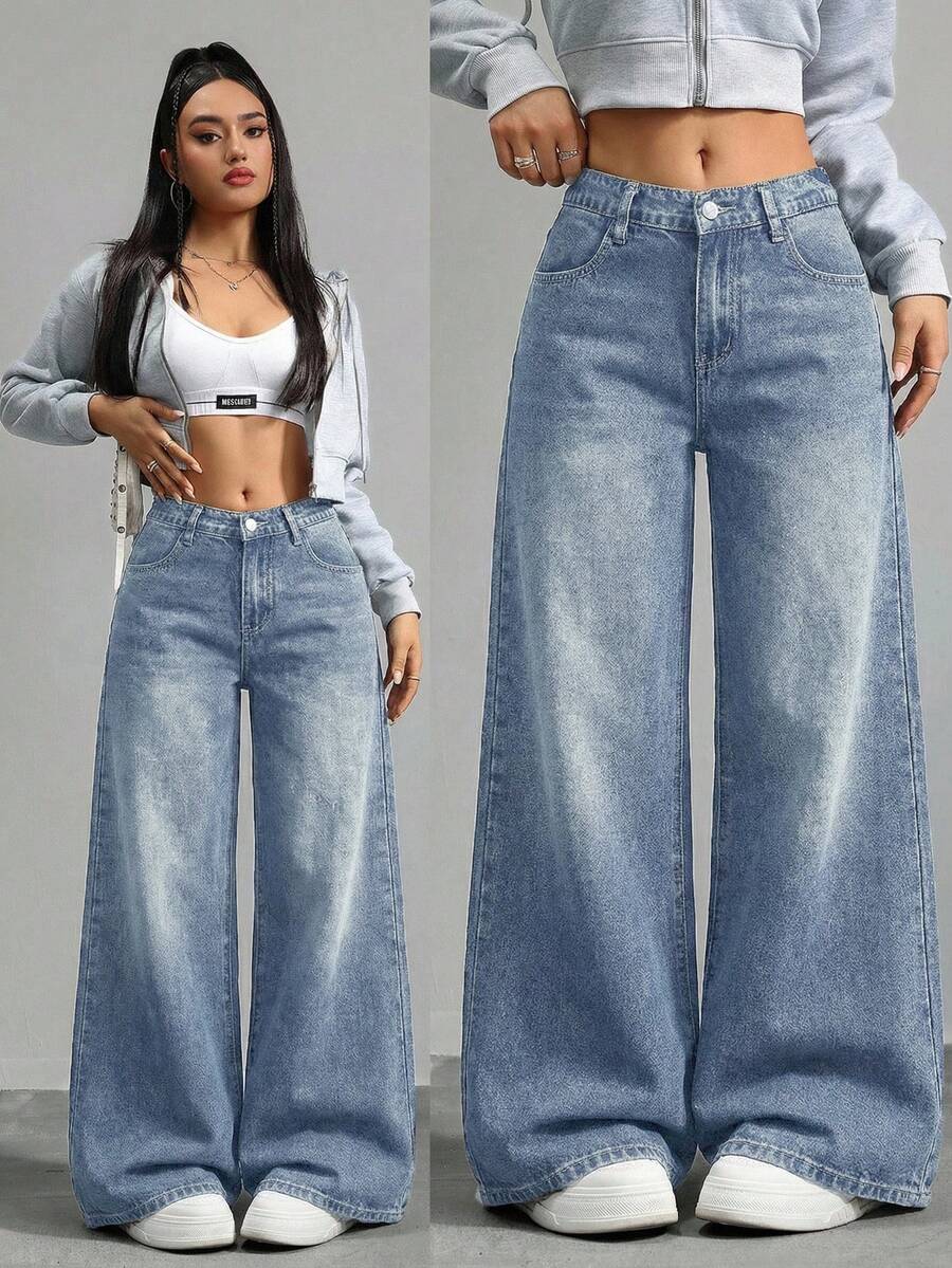 SHEIN Tall 女款寬腿鬆垮休閒百搭牛仔褲,附口袋 - 淺色水洗藍 - 查看 1