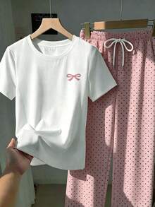 SHEIN EZwear 2件組刺繡圓領短袖上衣與條紋印花長褲，休閒風 - 粉色 - 查看 5