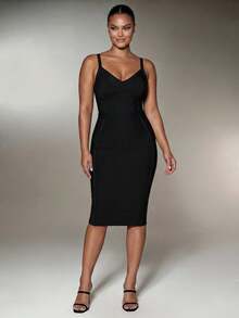 Nuvra Bandage Fabric Slim Fit Sexy Mid-Length Design Proportion-Enhancing Banquet Style Plus Size Dress - Black - View 4