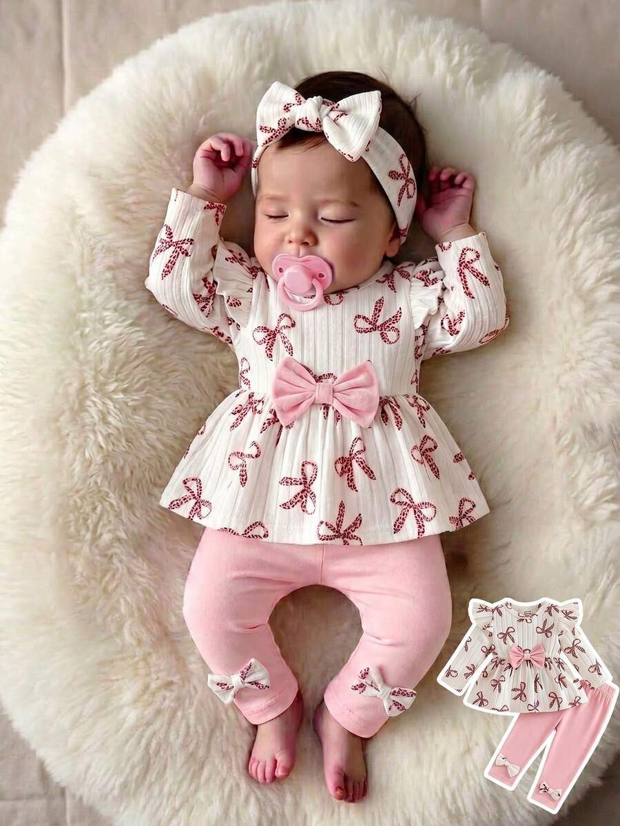 SHEIN Vintaside Kids 2件組新生女嬰杏色蝴蝶結豹紋圓領長袖荷葉袖保暖內裡羅紋軟面料T恤上衣 + 鬆緊腰休閒粉色長褲,休閒可愛韓風甜美套裝,適合秋冬日常穿著、旅行、度假、派對、室內外場合 - 粉色 - 查看 1