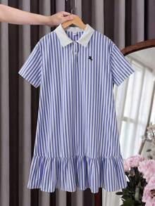 青少年女孩 Polo 領條紋刺繡圖案短袖中長洋裝，適合青少年女孩，對比色荷葉領花瓣袖印花洋裝，適合學校、戶外活動、購物，鈕扣洋裝童裝 - 寶藍色 - 查看 9