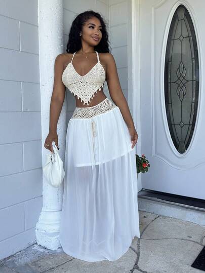 Alexandranx This Women's Summer Vacation Bohemian-Style Crochet Set Is A Two-Piece Set Suitable For Everyday Summer Wear, Summer Clothing, Summer Beachwear, Women's Beach Vacation Wear, Resort Wear, Tropical Vacation Bohemian Style Women's Clothing, And Tropical Vacation Women's Clothing. The Set Includes A Crochet Vest And Flared Skirt, Perfect For Everyday Wear, Dates, Vacations, Afternoon Tea, And Summer Outings. It's Suitable For Various Occasions, Including Dates, Dinners, Summer Activities, Honeymoons, Wedding Guests, Island Vacations, And Casual Everyday Wear. Boho Two Piece Set Crochet Top Women Crochet Bikini Set