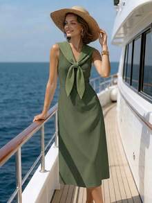 EMERY ROSE Vestido de estilo de vacaciones en la isla, elegante, de color azul marino, con cuello, de longitud media, para mujeres - Verde Oliva - Ver 3