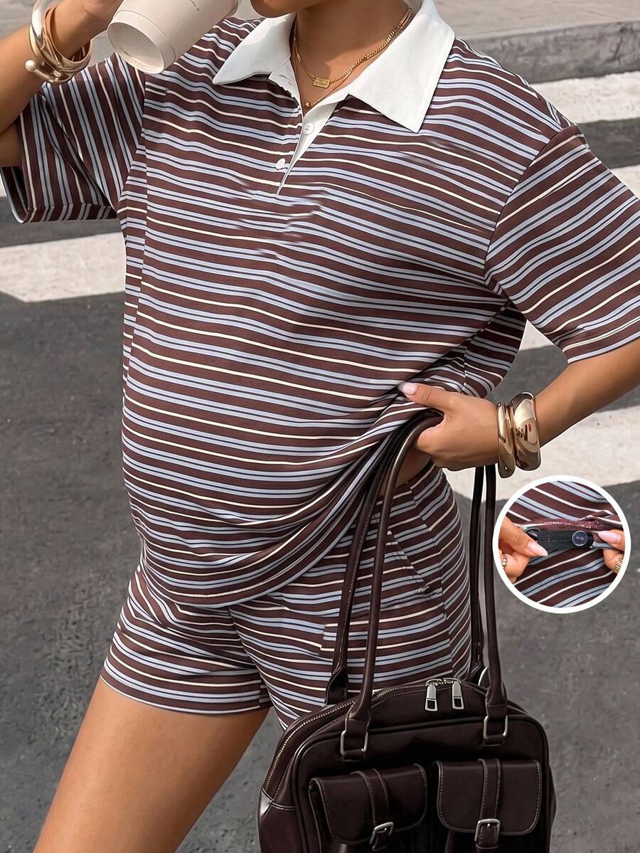 SHEIN 2 piezas Conjunto de top de manga corta con parches a rayas y pantalones cortos con cintura ajustable para maternidad, uso diario casual - Multicolor - Ver 1
