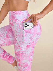 SHEIN Sovereign Charm Legging Esportiva de Cintura Alta com Estampa Digital de Leopardo em Degradê Rosa e Bolso para Celular para Exercícios ao Ar Livre, Outono/Inverno - Rosa chiclete - Visão 4