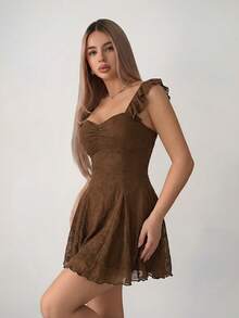 Sweetina Vestido mini de moda para mujer de unicolor con volantes y lazo en la espalda - Marrón - Ver 6