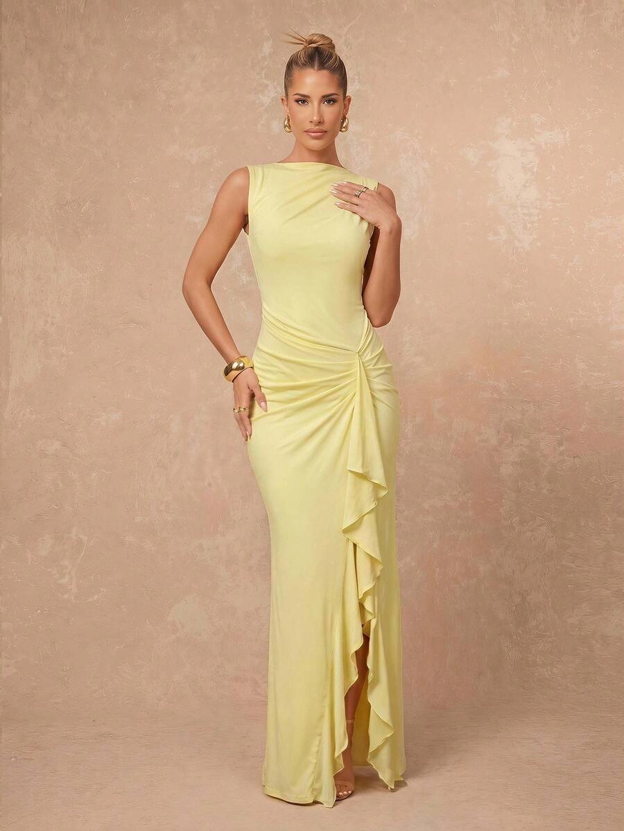 Lumalex Lemon Yellow Sleeveless Knit Maxi Dress With Draped Boat Neck Side Ruched Waist Cascading Ruffle Front Slit And Back Seam, Spring Summer Luxury Dress