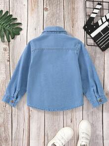 Genkimix Kids Boys' Denim Long Sleeve Shirt With Classic Collar And Dual Chest Pockets, Single-Breasted Front Closure, Adjustable Cuffs, Suitable For Autumn - Light Wash - View 3