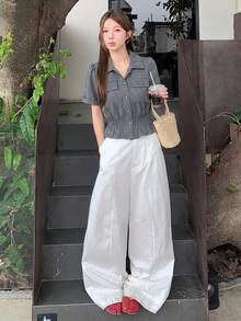 DAZY Atasan Denim Wanita Gaya Korea yang Pas dan Elegan untuk Musim Panas - Dark Grey - View 5