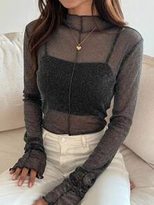 FRIFUL Women's Casual Slim Fit Mesh Sheer Layered High Neck Long Sleeve Blouse With Ruched Cuffs Going Out Tops - Black - View 1