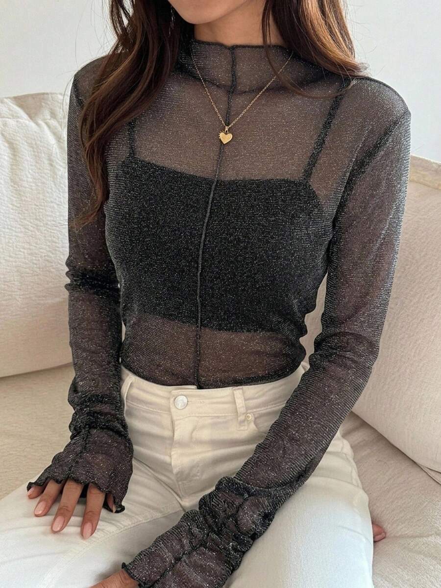 FRIFUL Women's Casual Slim Fit Mesh Sheer Layered High Neck Long Sleeve Blouse With Ruched Cuffs Going Out Tops - Black - View 1