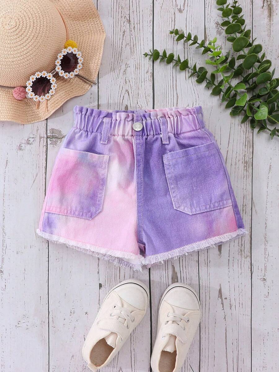 SHEIN 女童牛仔短褲 夏季新品 休閒牛仔女孩風 可愛風格 毛邊設計 抽繩腰頭 鬆緊腰 大口袋 寬鬆版型 精梳棉