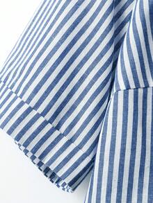 Linhara Plus Size Women's Round Neck Navy Blue Light Blue Striped Short Sleeve Shirt And Solid Color Comfortable Casual Long Pants Set Summer Vacation Brunch - Blue - View 3